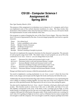 CS120 - Computer Science I Assignment #5 Spring 2014