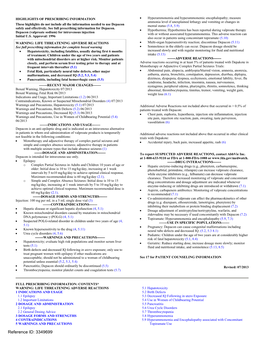 Valproate Sodium) for Intravenous Injection with Or Without Associated Hyperammonemia