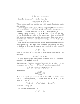 13. Implicit Functions Consider the Curve Y2 = X in the Plane R2 , 2 2 C = { (X, Y) ∈ R | Y = X }