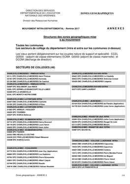 ZONES GEOGRAPHIQUES a N N E X E 3 Structures Des Zones Géographiques Mise S Au Mouvement Toutes Les Communes Les Secteurs De Co