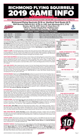 Richmond Flying Squirrels | 3001 N Boulevard, Richmond, VA 23230 | 804-359-3866 | Squirrelsbaseball.Com | @Gosquirrels Richmond Flying Squirrels (5-3) Vs