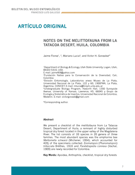 Notes on the Melittofauna from La Tatacoa Desert, Huila, Colombia