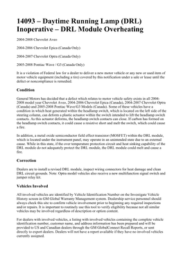 14093 – Daytime Running Lamp (DRL) Inoperative – DRL Module Overheating