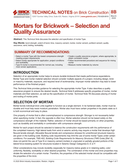 Mortars for Brickwork – Selection and Quality Assurance