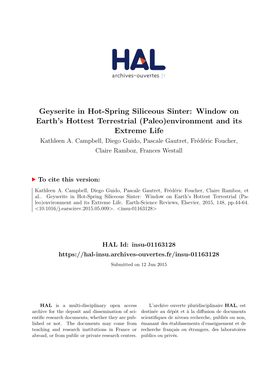 Geyserite in Hot-Spring Siliceous Sinter: Window on Earth’S Hottest Terrestrial (Paleo)Environment and Its Extreme Life Kathleen A