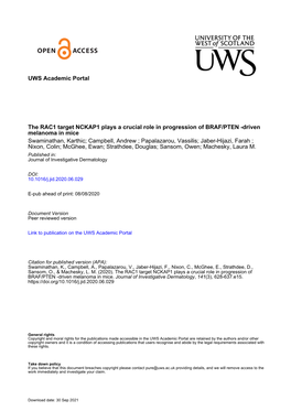 UWS Academic Portal the RAC1 Target NCKAP1 Plays a Crucial Role