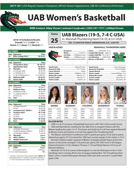 UAB Women's Basketball UAB Combined Team Statistics (As of Dec 12, 2018) All Games