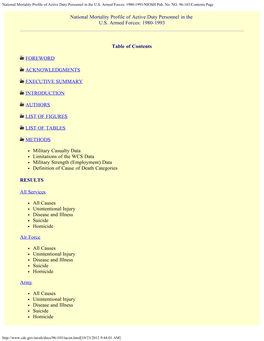 National Mortality Profile of Active Duty Personnel in the U.S. Armed Forces: 1980-1993/NIOSH Pub. No. NO. 96-103/Contents Page