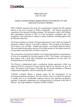 Press Release July 05, 2021 Lukoil Enters Hydrocarbon