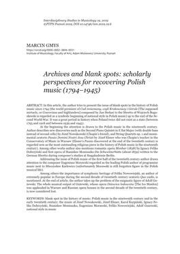 Archives and Blank Spots: Scholarly Perspectives for Recovering Polish Music (1794–1945)