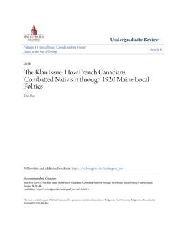 How French Canadians Combatted Nativism Through 1920 Maine Local Politics Erin Best