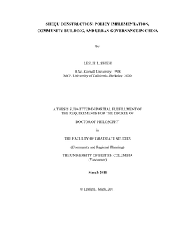 Shequ Construction: Policy Implementation, Community Building, and Urban Governance in China