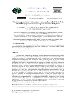 Climate Change and Cashew (Anacardium Occidentale L.) Productivity in Benin (West Africa) : Perceptions and Endogenous Measures of Adaptation