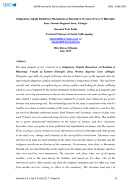 Indigenous Dispute Resolution Mechanisms at Haramaya Woreda of Eastern Hararghe Zone, Oromia Regional State, Ethiopia