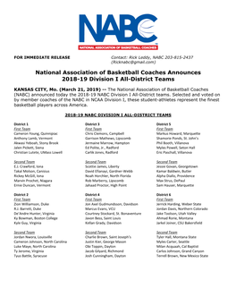 National Association of Basketball Coaches Announces 2018-19 Division I All-District Teams