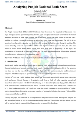 Analyzing Punjab National Bank Scam Ashutosh Kolte* Assistant Professor, Department of Management Sciences, (PUMBA), Savitribai Phule Pune University