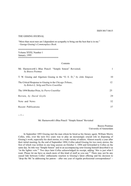 ISSN 0017-0615 the GISSING JOURNAL “More Than Most Men Am I Dependent on Sympathy to Bring out the Best That Is in Me.”