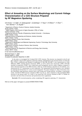 Effect of Annealing on the Surface Morphology and Current–Voltage Characterization of a CZO Structure Prepared by RF Magnetron Sputtering