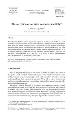 The Reception of Austrian Economics in Italy✩ Antonio Magliuloa,*