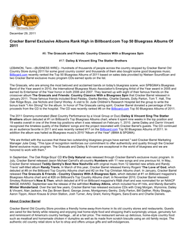 Cracker Barrel Exclusive Albums Rank High in Billboard.Com Top 50 Bluegrass Albums of 2011