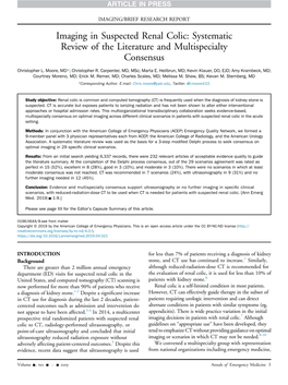 Imaging in Suspected Renal Colic: Systematic Review of the Literature and Multispecialty Consensus