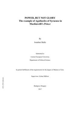 POWER, but NOT GLORY the Example of Agathocles of Syracuse in Machiavelli’S Prince