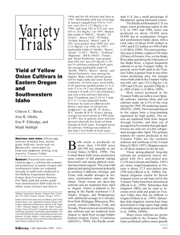 Yield of Yellow Onion Cultivars in Eastern Oregon and Southwestern