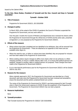 Explanatory Memorandum to Tynwald Members