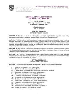 Ley Orgánica De Los Municipios Del Estado De Campeche
