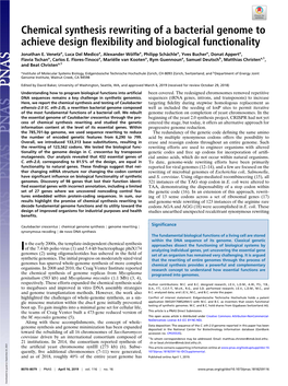 Chemical Synthesis Rewriting of a Bacterial Genome to Achieve Design ﬂexibility and Biological Functionality