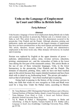 Urdu As the Language of Employment in Court and Office in British India