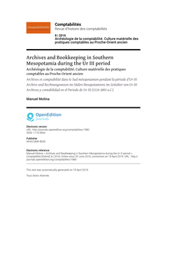 Comptabilités, 8 | 2016 Archives and Bookkeeping in Southern Mesopotamia During the Ur III Period 2