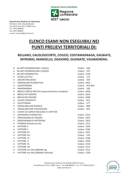 Elenco Esami Non Eseguibili Nei Punti Prelievi Territoriali Di