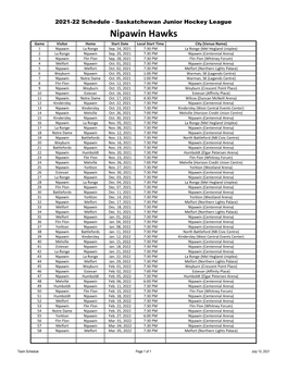 Nipawin Hawks Game Visitor Home Start Date Local Start Time City (Venue Name) 1 Nipawin La Ronge Sep