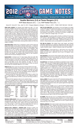04.10.12 Notes Vs SEA 2012 Rangers Game Notes