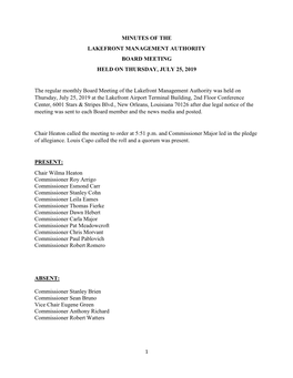 Minutes of the Lakefront Management Authority Board Meeting Held on Thursday, July 25, 2019