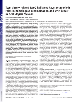 Two Closely Related Recq Helicases Have Antagonistic Roles in Homologous Recombination and DNA Repair in Arabidopsis Thaliana