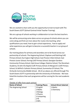 We Are Excited to Share with You the Opportunity to Train to Teach with the South Downs SCITT (School Centred Initial Teacher Training)