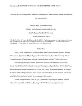 PREDICTING SUCCESS on HIGH-STAKES MATH TESTS Predicting Success on High-Stakes Math Tests from Preschool Math