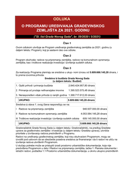 Odluka O Programu Uređivanja Građevinskog Zemljišta Za 2021. Godinu