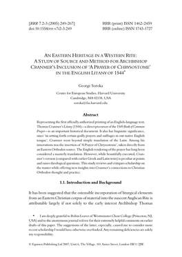 An Eastern Heritage in a Western Rite: a Study of Source and Method for Archbishop Cranmer’S Inclusion of ‘A Prayer of Chrysostome’ in the English Litany of 1544*