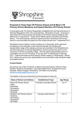 Proposal to Close Hope CE Primary School and St Mary's CE Primary School Westbury and Expand Worthen CE Primary School