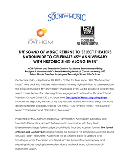 Sound of Music Returns to Select Theaters Nationwide to Celebrate 45Th Anniversary with Historic Sing-Along Event