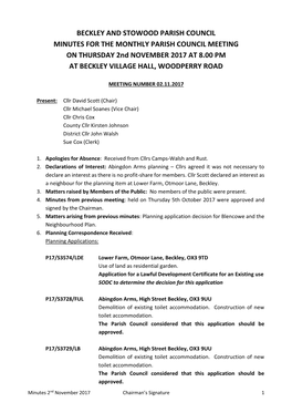 BECKLEY and STOWOOD PARISH COUNCIL MINUTES for the MONTHLY PARISH COUNCIL MEETING on THURSDAY 2Nd NOVEMBER 2017 at 8.00 PM at BECKLEY VILLAGE HALL, WOODPERRY ROAD