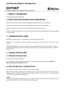 DOTHEP Dosulepin (Dothiepin) Hydrochloride Tablet and Capsules