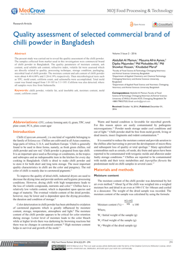 Quality Assessment of Selected Commercial Brand of Chilli Powder in Bangladesh