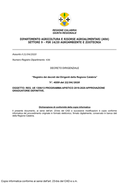 Dipartimento Agricoltura E Risorse Agroalimentari (Ara) Settore 9 - Psr 14/20 Agroambiente E Zootecnia