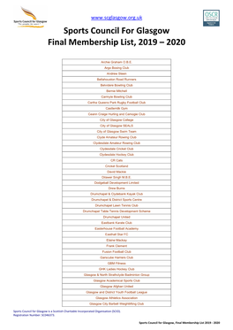 Sports Council for Glasgow Final Membership List, 2019 – 2020