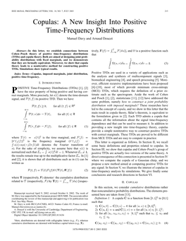 Copulas: a New Insight Into Positive Time-Frequency Distributions Manuel Davy and Arnaud Doucet