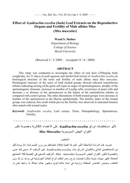 Effect of Azadirachta Excelsa (Jack) Leaf Extracts on the Reproductive Organs and Fertility of Male Albino Mice (Mus Musculus)